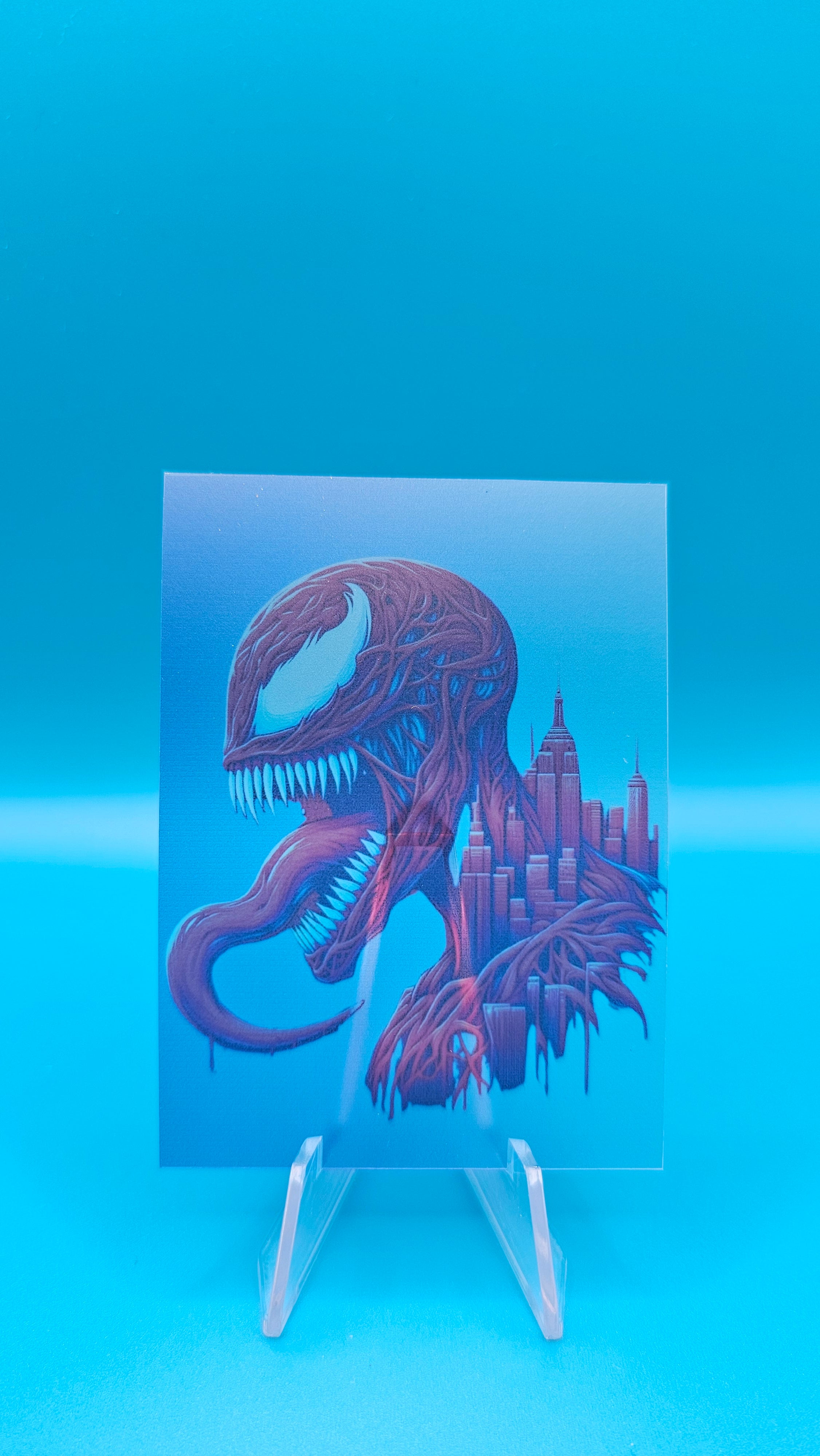 Carnage Side-Profile Skyline - Marvel-Inspired Blue Gradient Transparent Custom Card